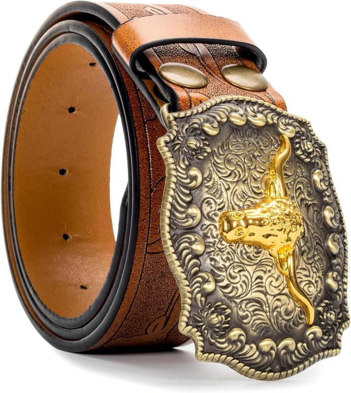 Western Cowboy-Belts for Men Big-Buckle Longhorn-Bull PU-Leather Rodeo Cowgirl-Belt Engraved Floral -  25-38