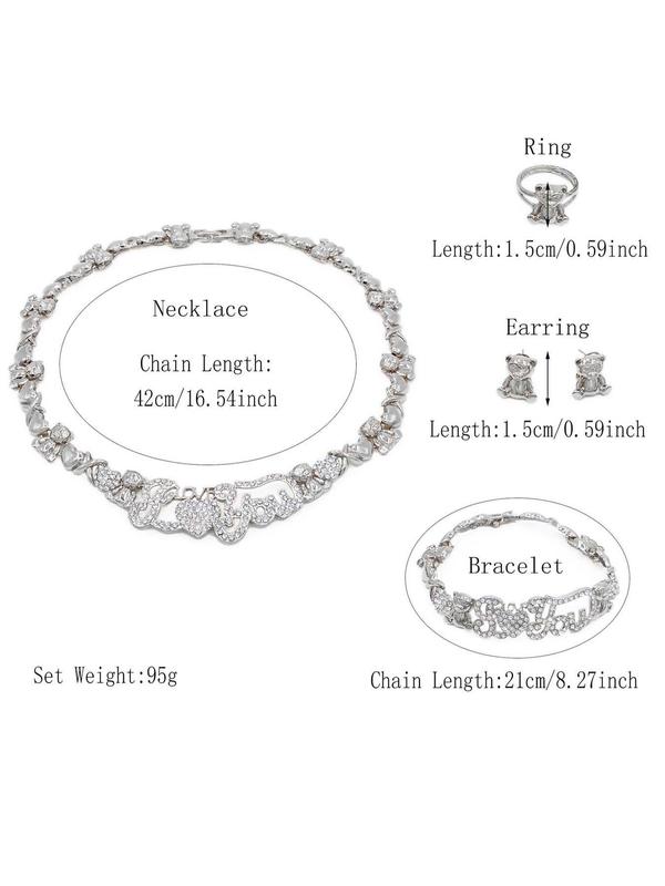 Women's Elegant Rhinestone Decorated Heart Design Jewelry Set (5pcs), Necklace & Ring & Bracelet & Stud Earrings for Women & Girls, Daily Clothing Decor, Cute Accessories for Birthday Gift