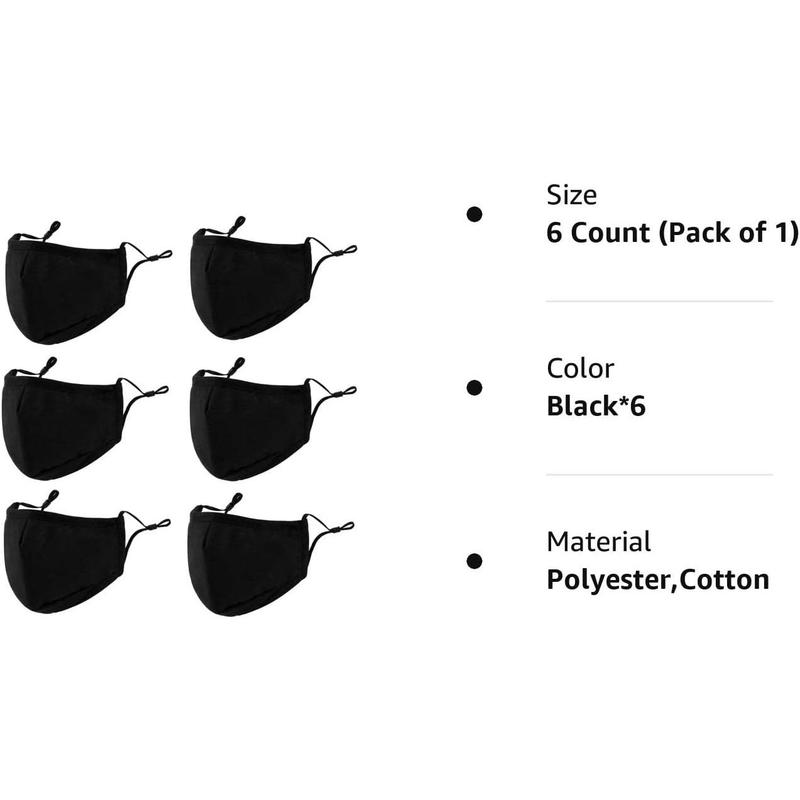 3-Ply Cloth Mask 6 Pack, Washable, Reusable and Breathable Covering with Adjustable Ear Protection Loops women men (Black*6)