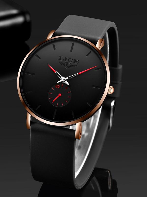 Men's Business Fashion Round Dial Analog Quartz Watch,  Minimalist Style Wristwatch, Trendy Watch for Daily Use As Gift with Box