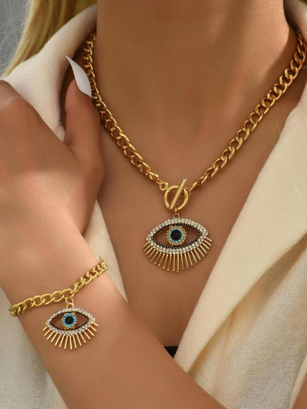 Fashionable Creative Hollow Out Eye Design Pendant Necklace & Bracelet (2pcs set), Fashion Accessories for Party, Daily Clothing Decor for Girl