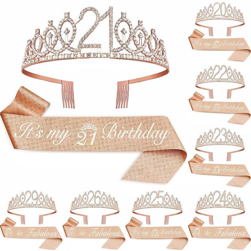 Birthday Crown & Sash Set, 1 Set Rhinestone Crown & Sash, Birthday Party Decoration Supplies for Women, Party Accessories