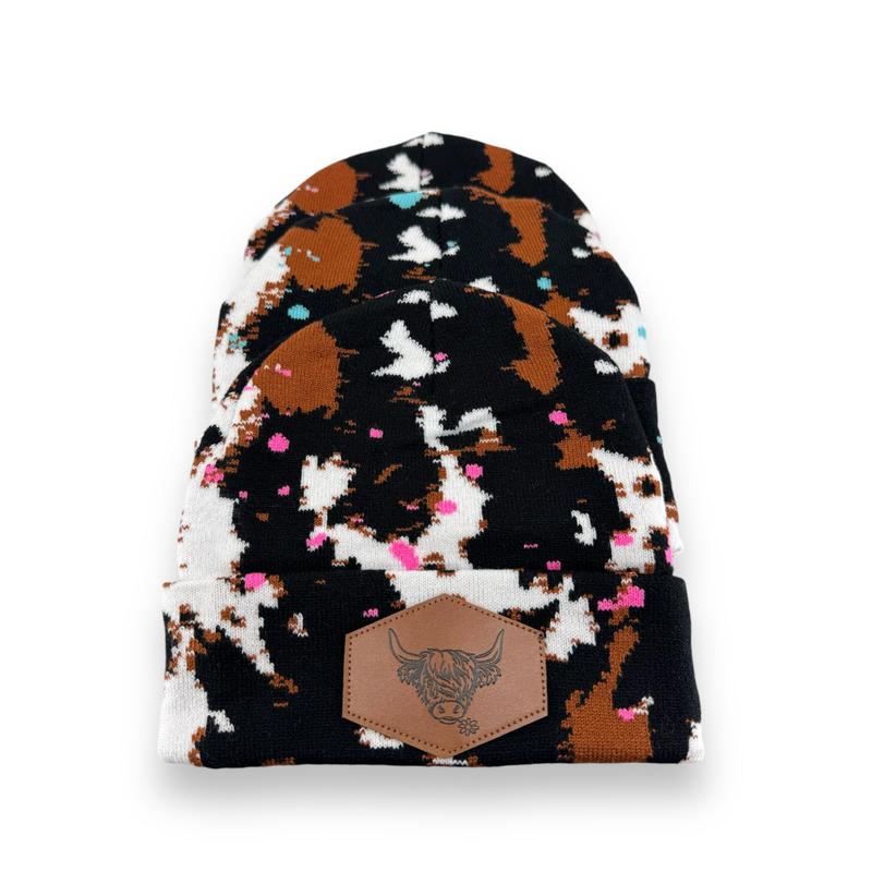 Splatter Paint Cow Print Beanie with Highland Cow Leather Patch