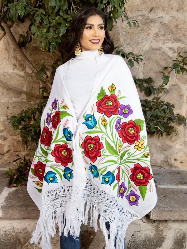 Mexican Embroidered Shawl, Multicolor Embroidered Shawl, Mexican Traditional Shawl, Mexican Blanket Wrap, Boho Chic Style, Ethnic Shawl, Gift for Her