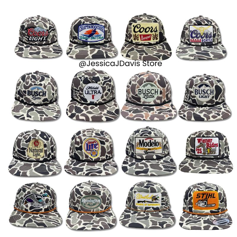 Vintage Retro Natural Light, Coors Light, Coors Banquet, Miller Lite, Busch Light, Busch Latte, Remington, Mallard Duck, Michelob Ultra,.. Camouflage Snapback Rope Brim Hat, Hat for men