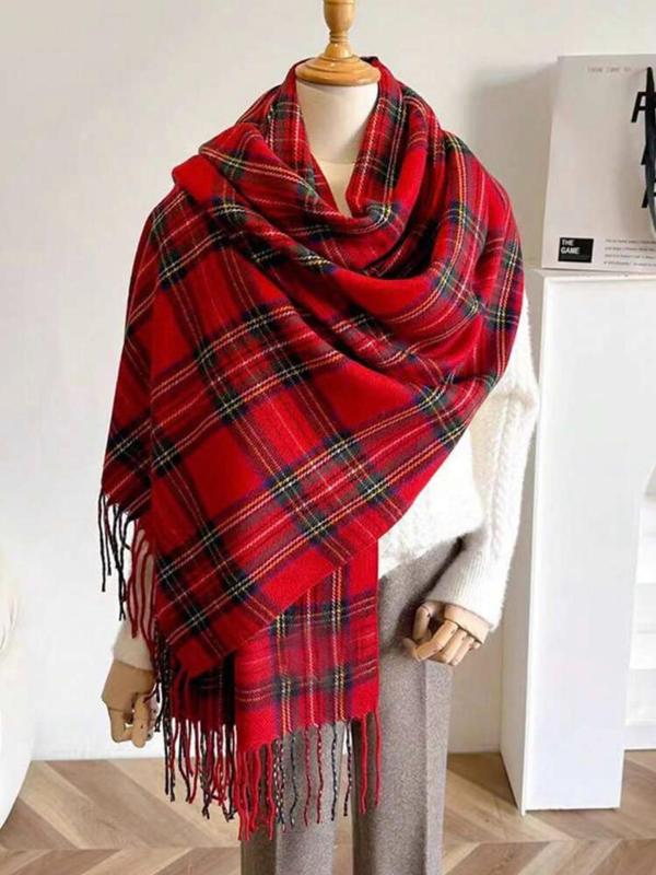 Women's Plaid Pattern Tassel Decor Scarf, 2024 New Style Casual Soft Warm Thick Shawl for Fall & Winter, Fashion Accessories for Women & Girls Dainty Gift for Your Love