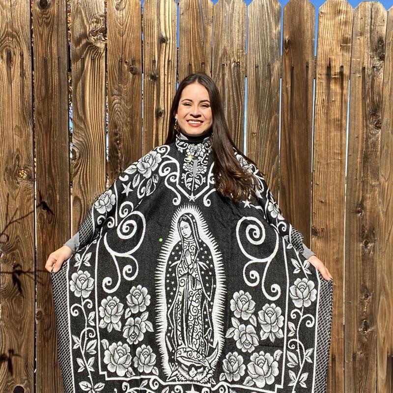 Virgin Mary Mexican Poncho - Traditional Floral Winter Shawl for Women