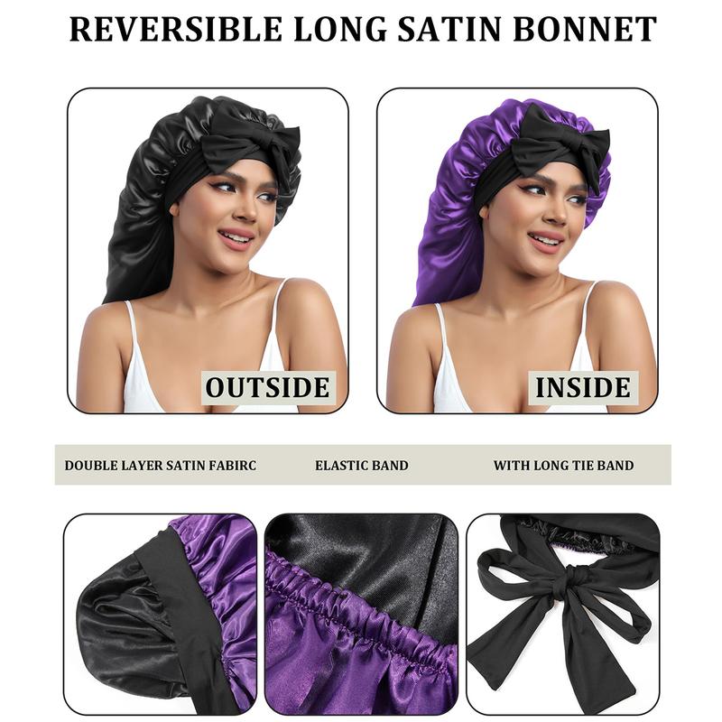 AWAYTR Long Double Layer Satin Bonnet for Sleeping Reversible Silk Feeling Bonnets for Long Curly Hair Women Sleeping Cap with Tie Band Head Wrap Nightcap