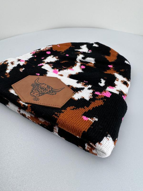 Splatter Paint Cow Print Beanie with Highland Cow Leather Patch