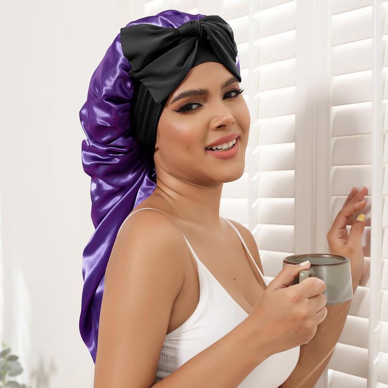 AWAYTR Long Double Layer Satin Bonnet for Sleeping Reversible Silk Feeling Bonnets for Long Curly Hair Women Sleeping Cap with Tie Band Head Wrap Nightcap