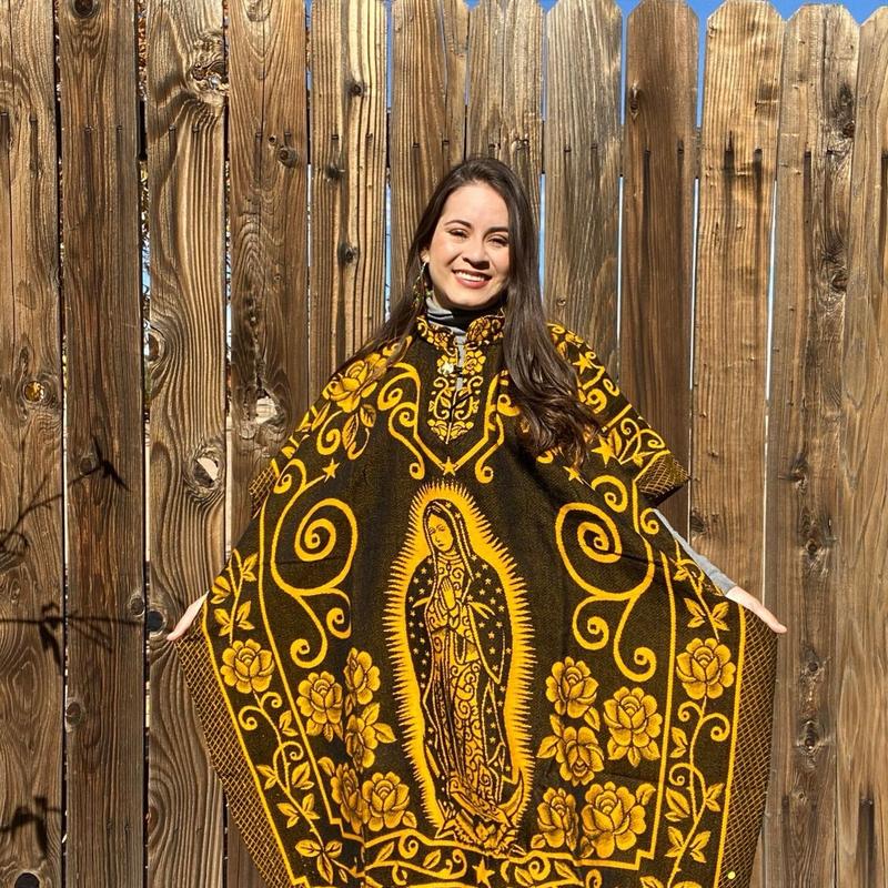 Virgin Mary Mexican Poncho - Traditional Floral Winter Shawl for Women