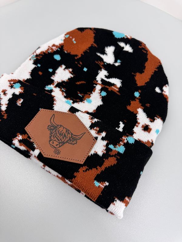 Splatter Paint Cow Print Beanie with Highland Cow Leather Patch