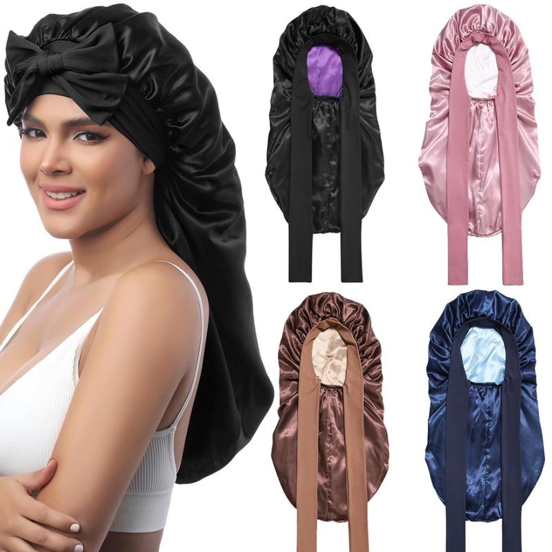 AWAYTR Long Double Layer Satin Bonnet for Sleeping Reversible Silk Feeling Bonnets for Long Curly Hair Women Sleeping Cap with Tie Band Head Wrap Nightcap