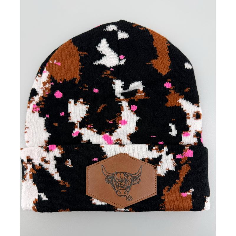 Splatter Paint Cow Print Beanie with Highland Cow Leather Patch