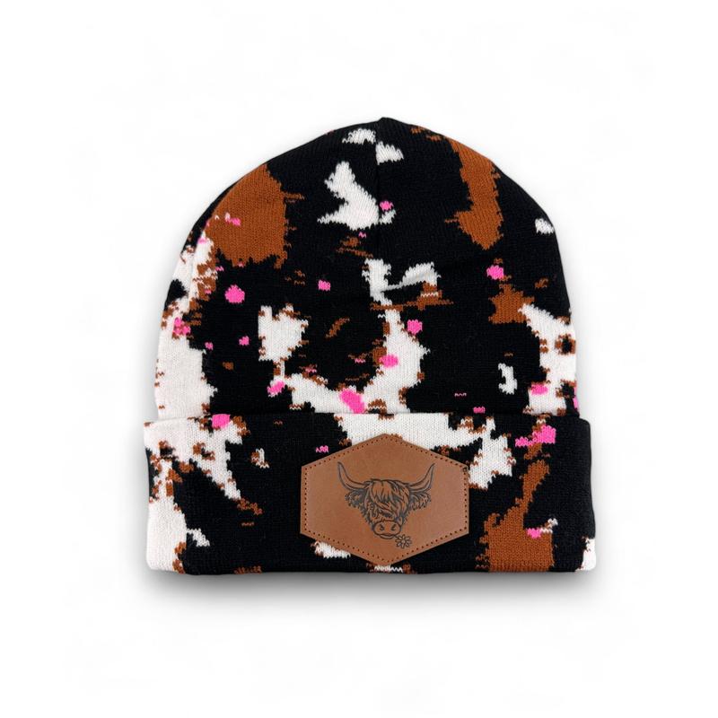 Splatter Paint Cow Print Beanie with Highland Cow Leather Patch