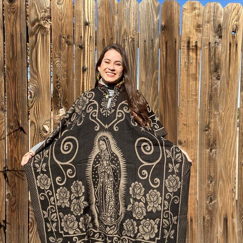 Virgin Mary Mexican Poncho - Traditional Floral Winter Shawl for Women