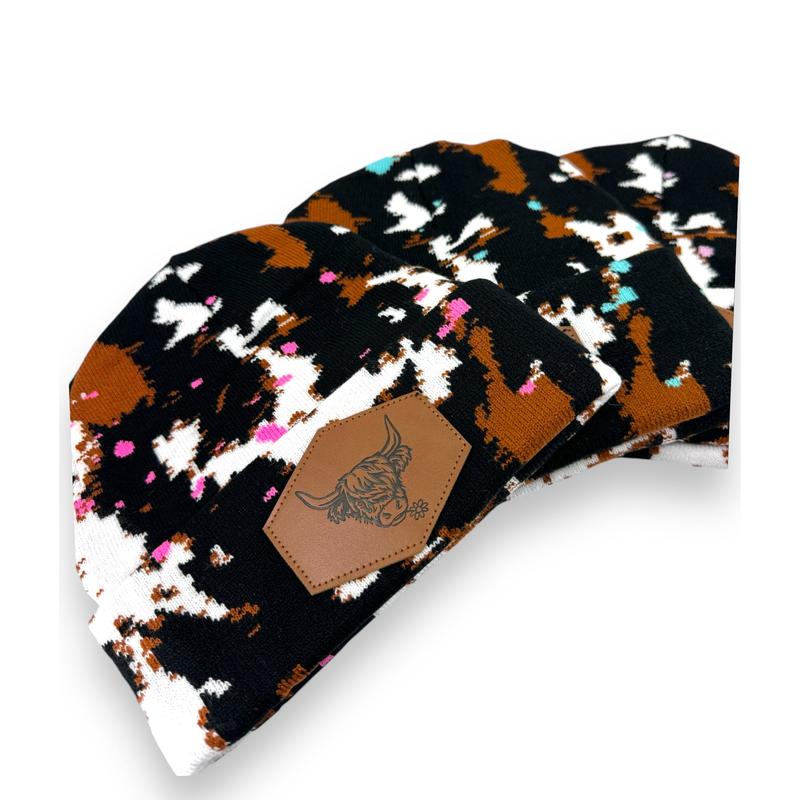 Splatter Paint Cow Print Beanie with Highland Cow Leather Patch