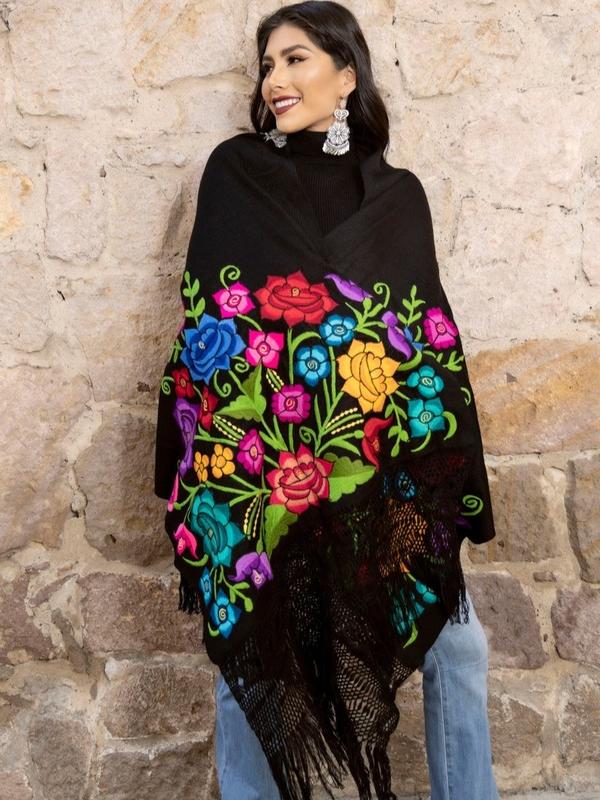 Mexican Embroidered Shawl, Multicolor Embroidered Shawl, Mexican Traditional Shawl, Mexican Blanket Wrap, Boho Chic Style, Ethnic Shawl, Gift for Her