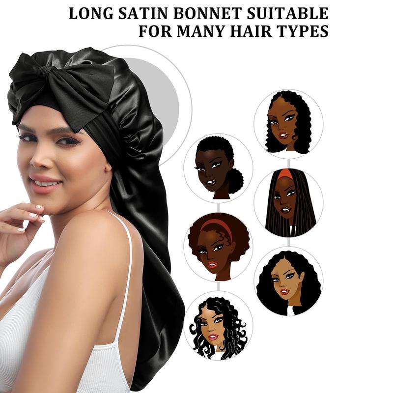 AWAYTR Long Double Layer Satin Bonnet for Sleeping Reversible Silk Feeling Bonnets for Long Curly Hair Women Sleeping Cap with Tie Band Head Wrap Nightcap