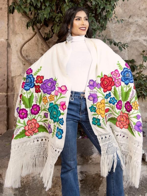 Mexican Embroidered Shawl, Multicolor Embroidered Shawl, Mexican Traditional Shawl, Mexican Blanket Wrap, Boho Chic Style, Ethnic Shawl, Gift for Her