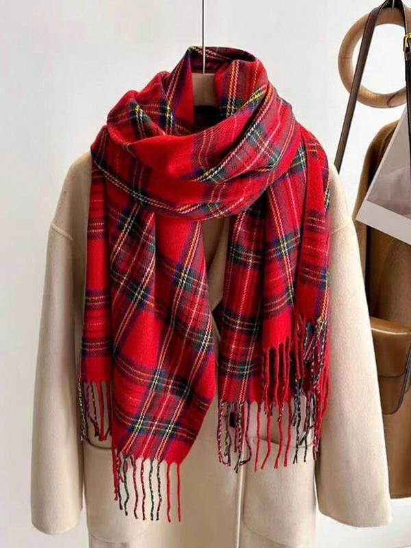 Women's Plaid Pattern Tassel Decor Scarf, 2024 New Style Casual Soft Warm Thick Shawl for Fall & Winter, Fashion Accessories for Women & Girls Dainty Gift for Your Love