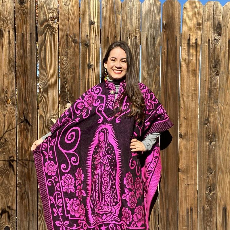 Virgin Mary Mexican Poncho - Traditional Floral Winter Shawl for Women