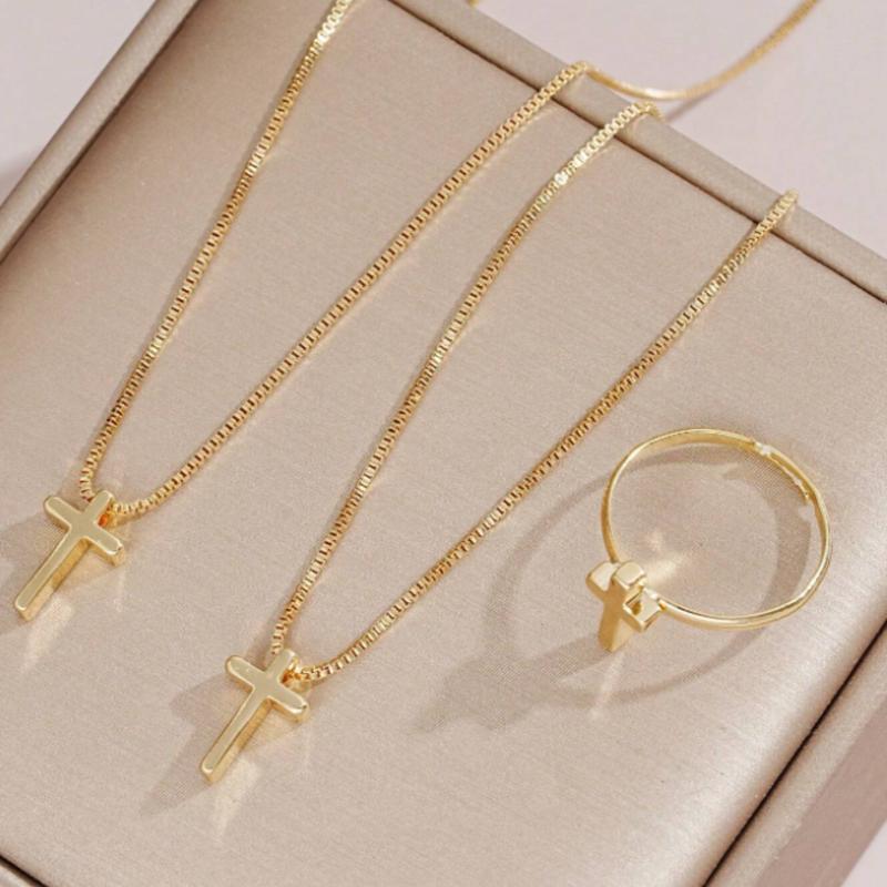 Set of 3 necklaces, rings and cross bracelets for women