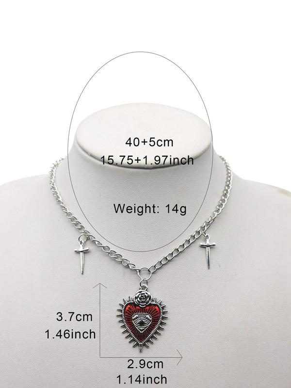 Retro Gothic Heart-shaped Rose Flower Decoration Pendant Necklace, Double Sword Pendant Chain Pendant Necklace, Clavicle Chain Necklace for Party Y2K