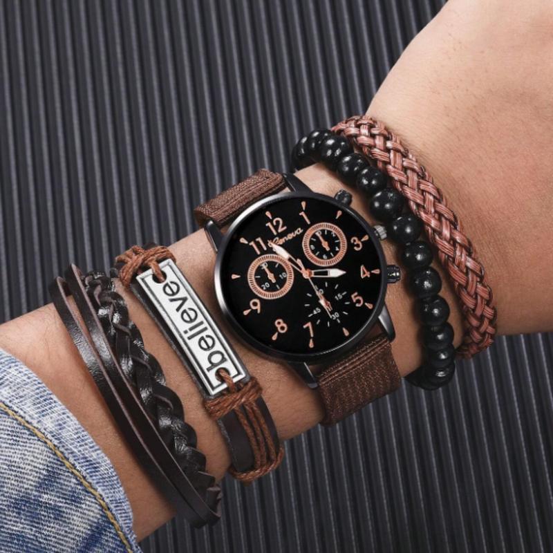 Men's Casual Watch with Brown Leather Bracelets Set - Best Gift for Men