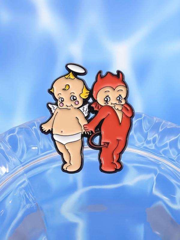 Cute Couple Design Brooch, Fashion Alloy Badge for Clothes, Creative Cartoon Angel & Devil Design Brooch, Fashion Accessories for Women & Men