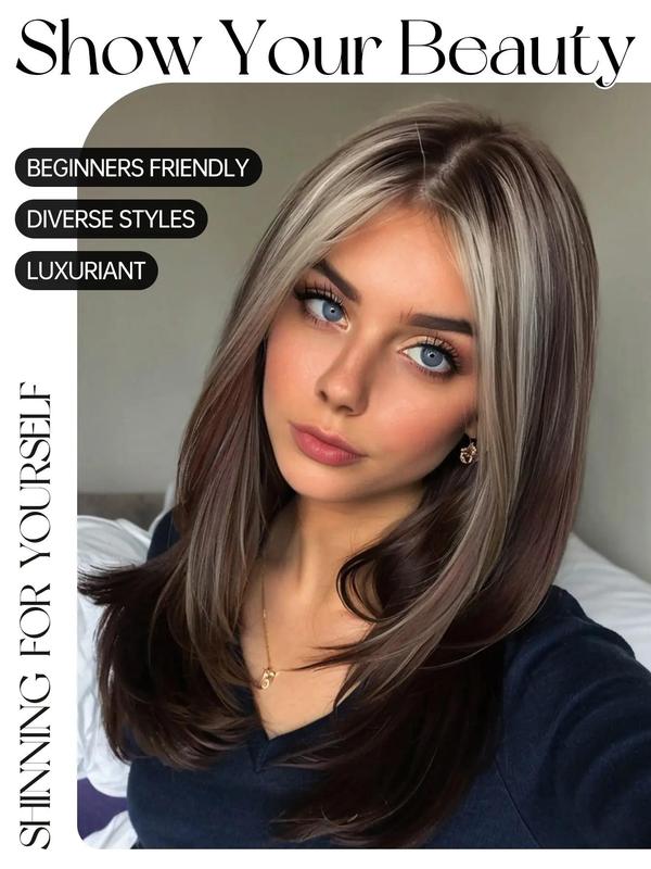 20 Inch Ombre Layered Cut Wigs for Women, Gorgeous Fluffy Straight Wigs with Curtain Bangs, Synthetic Full Machine Wigs for Party, Daily Use