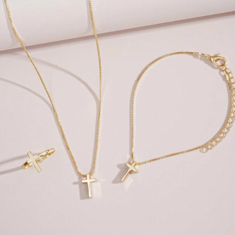 Set of 3 necklaces, rings and cross bracelets for women