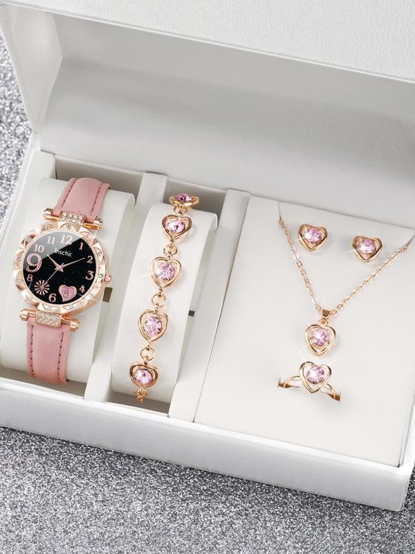 Elegant Wristwatch & Jewelry Set, Business Watch & Rhinestone Decor Heart Design Stud Earrings & Ring & Pendant Necklace & Bracelet, Chic Gorgeous Watch Set without Box As Gift