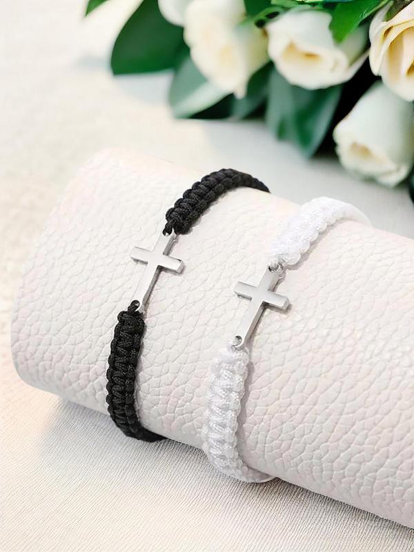 Simple Cross & Braided Design Link Couple Bracelet, Fashion Accessories for Both Men & Women, Daily Clothing Decor, Summer Trendy All-match & Exquisite Jewelry for Birthday Gift