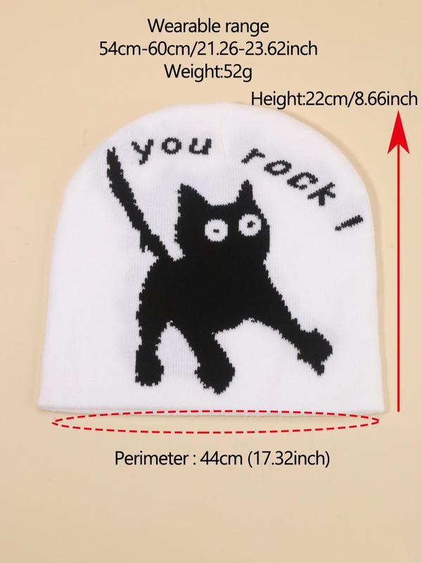 Cute Cat Pattern Beanie Hat, Street Style Letters Print Knit Beanie Hat for Fall & Winter, Warm Stylish All-match Accessories for Men & Women