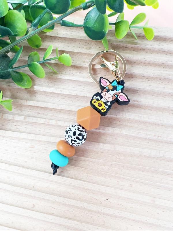 Boho Style Cute Cow & Flower Design Beaded Keychain, Tassel Decor Keychain for Women & Men for Daily Decor, Trendy All-match & Exquisite Keychain for Birthday Gift