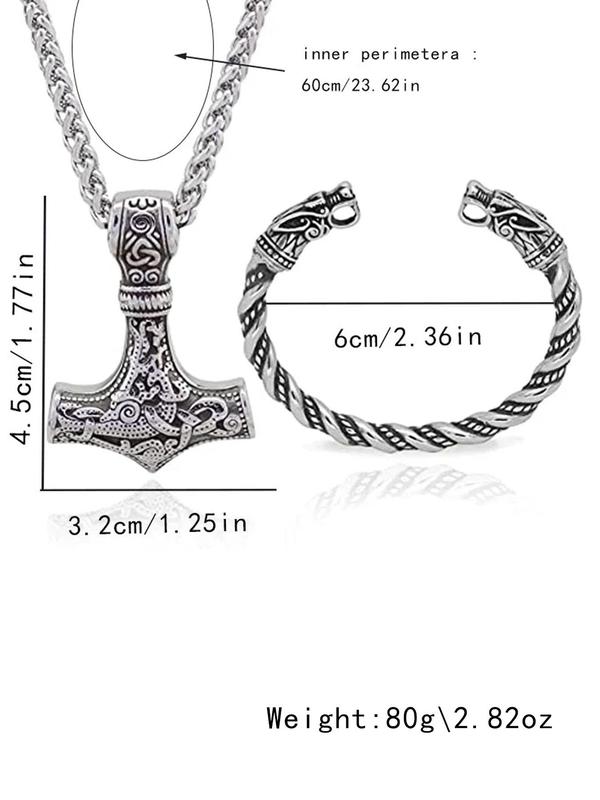 Vintage Viking Wolf Head Design Bangle & Hammer Pendant Necklace Set, New Trendy Matching Jewelry Set for Gift, Hip Hop Punk Classic Fashion Accessories