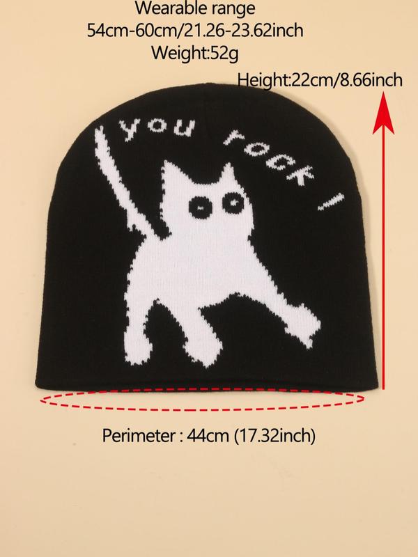 Cute Cat Pattern Beanie Hat, Street Style Letters Print Knit Beanie Hat for Fall & Winter, Warm Stylish All-match Accessories for Men & Women