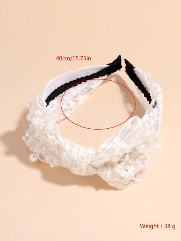 Elegant Faux Pearl Bow Decor Hair Hoop, Solid Color Romantic Headband With Floral Embroidery Bowknot Decor, Fashion Hair Accessories For Girls & Women