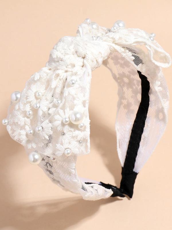 Elegant Faux Pearl Bow Decor Hair Hoop, Solid Color Romantic Headband With Floral Embroidery Bowknot Decor, Fashion Hair Accessories For Girls & Women