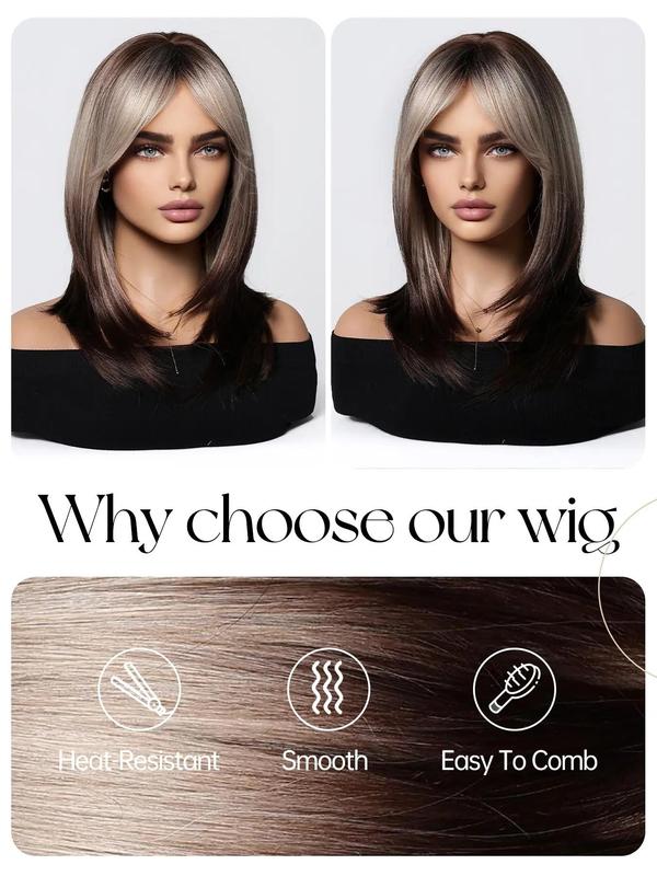 20 Inch Ombre Layered Cut Wigs for Women, Gorgeous Fluffy Straight Wigs with Curtain Bangs, Synthetic Full Machine Wigs for Party, Daily Use