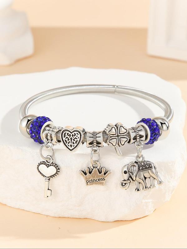 Cute Elephant & Heart & Crown & Key & Four Leaf Clover Charm Bangle, Fashion Jewelry for Party, Daily Clothing Decor, Trendy All-match & Exquisite Jewelry for Birthday Gift