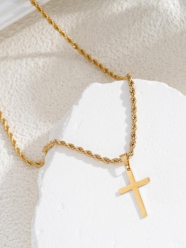 Unisex Street Style Cross Pendant Necklace for Summer, Luxury Jewelry, Punk Stainless Steel Twist Chain Necklace for Party, Daily Decor, Trendy All-match Hip Hop Vintage Jewelry As Birthday Gift