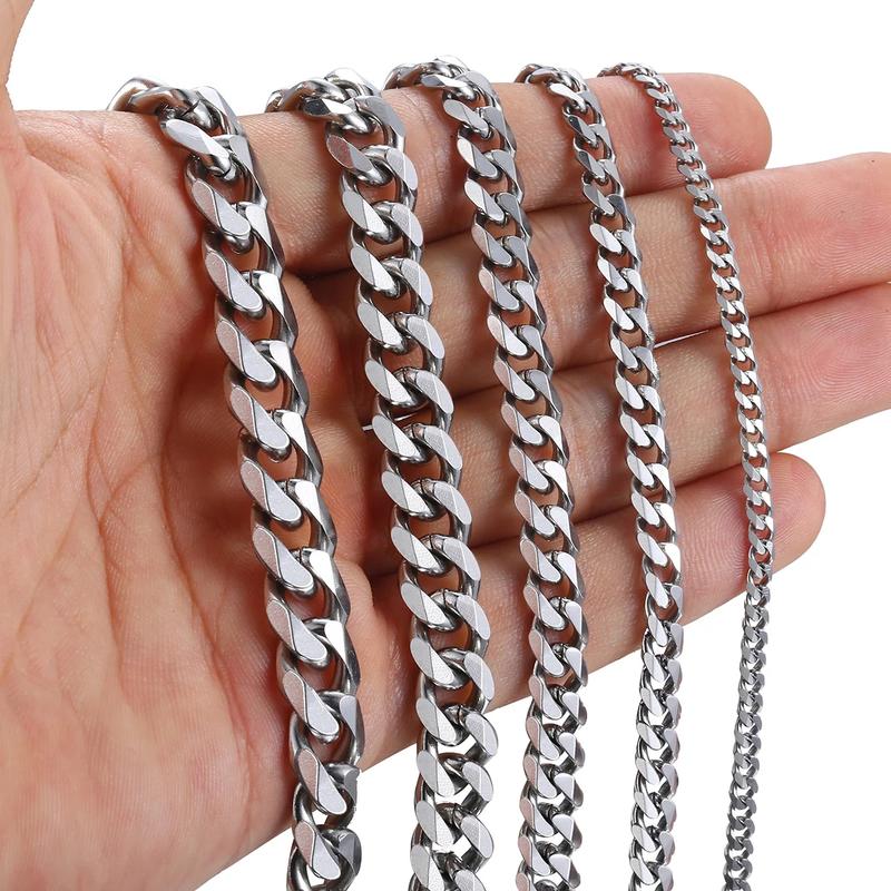 3 5 7 9 11mm Men's Silver Color Necklace Stainless Steel Cuban Link Chain For Mens Womens Basic Chokers 18-30inch