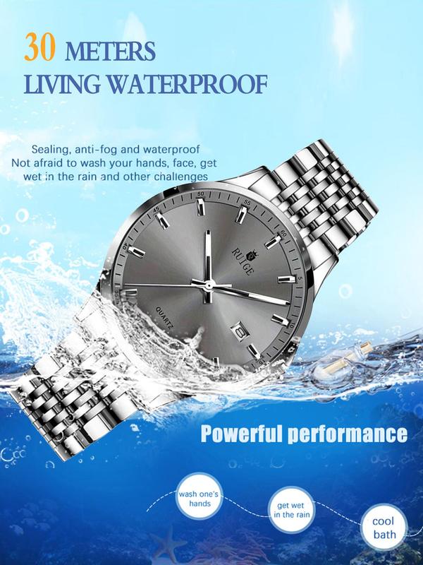 Men's Business Simple Stainless Steel Strap Waterproof Analog Quartz Watch, Fashion Watch for Clothing Decor, Trendy  Exquisite Watch for Gift with Box