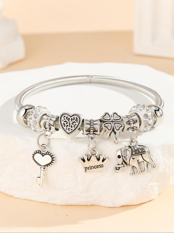 Cute Elephant & Heart & Crown & Key & Four Leaf Clover Charm Bangle, Fashion Jewelry for Party, Daily Clothing Decor, Trendy All-match & Exquisite Jewelry for Birthday Gift