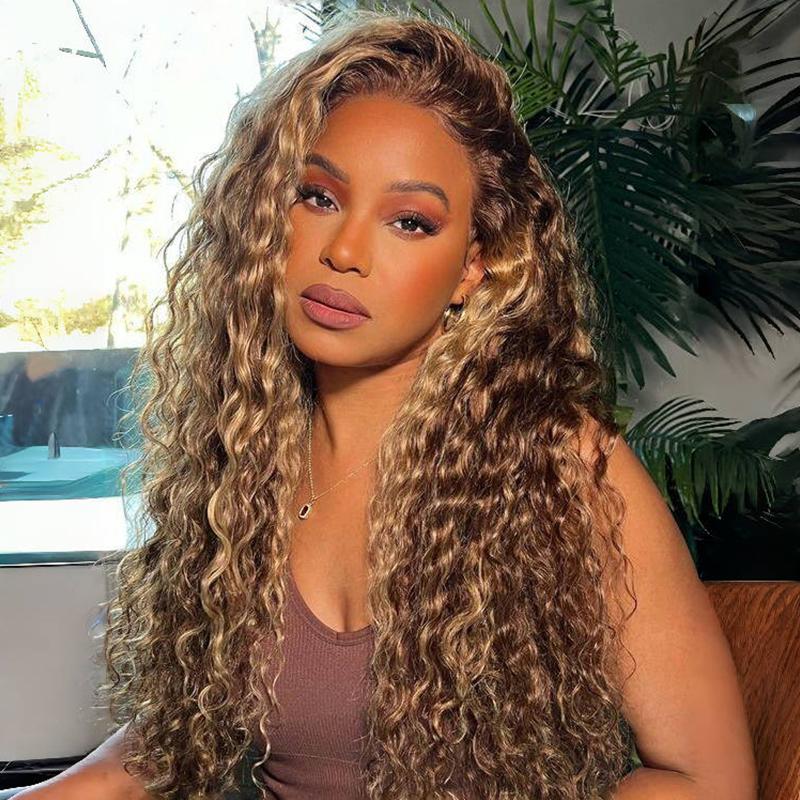 Wavymy Wear Go Glueless Pre Bleached Knots Wig Honey Blonde Highlight Water Wave Wig Minimalist 4x6 Pre-cut Pre-plucked Hairline Lace Wig 100% Human Hair