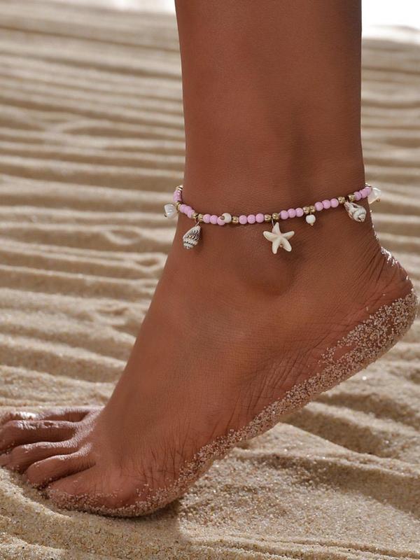 Starfish & Shell Decor Beaded Anklet for Women & Girls, Fashion Jewelry for Party, Daily Clothing Decor, Trendy All-match & Exquisite Jewelry for Birthday Gift