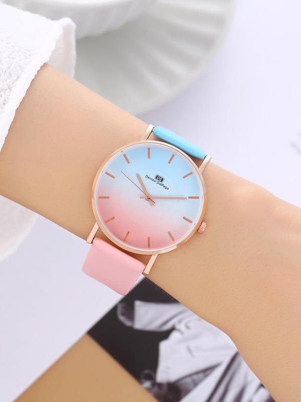 Women's Fashionable Colorblock Round Dial Watch, Casual Wristwatch for Women & Girls, Trendy All-match Watch for Birthday Gift without Box