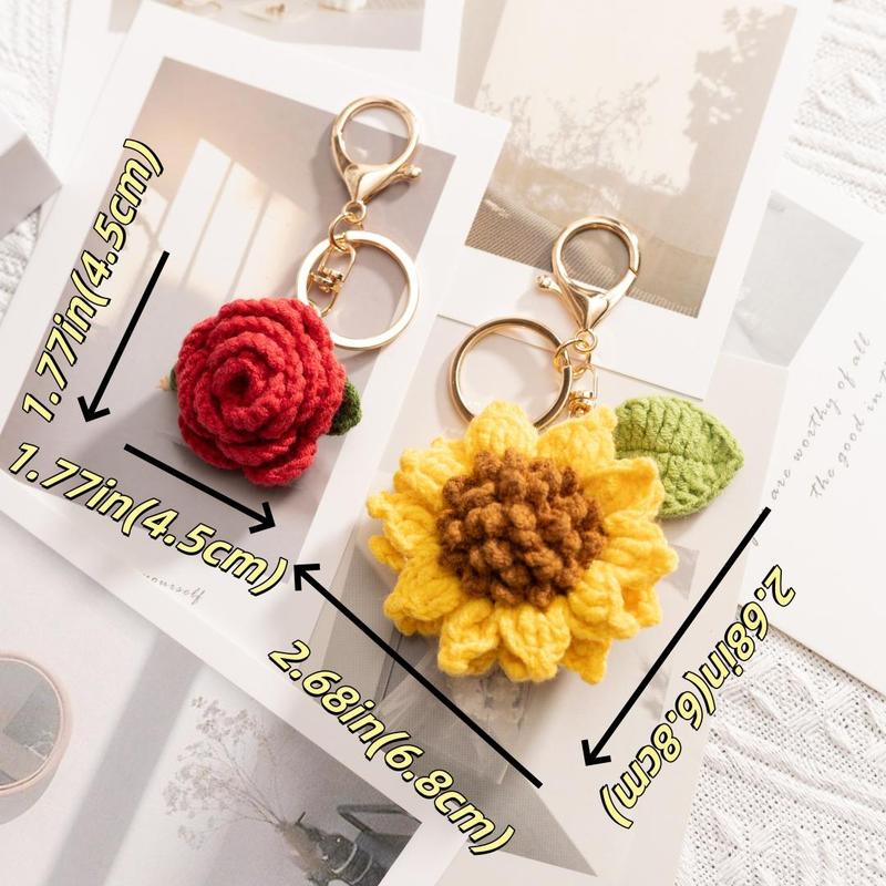 Crochet Sunflower & Rose Keychain, 1 Count 2 Counts Cute Creative Handmade Crochet Decoration, Beautiful Home Party Decoration